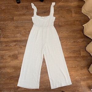 Caution to the Wind Blue White Ruffle Strap Wide Leg Jumpsuit | Size: Medium